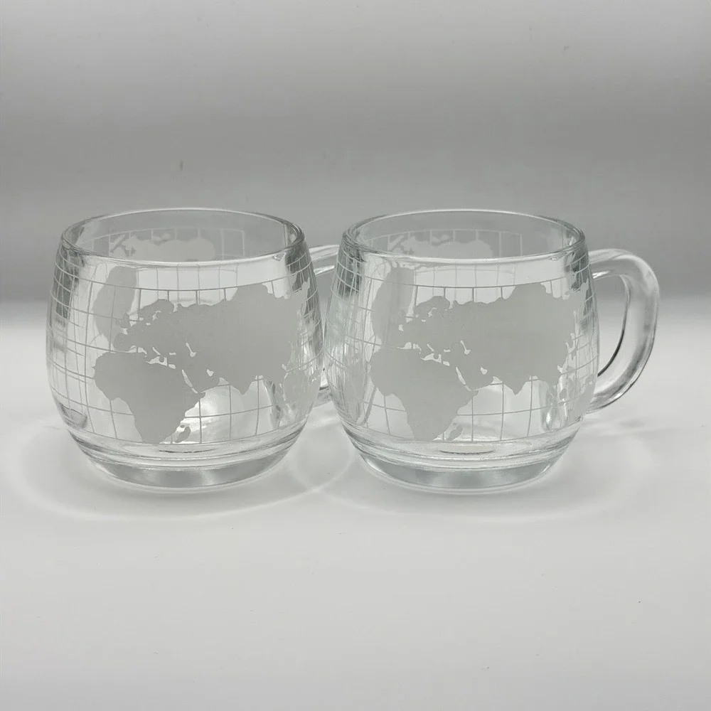 Vintage Nestlé Glass Mugs World Map Globe Etched Nescafé Made In Japan Set Of 2